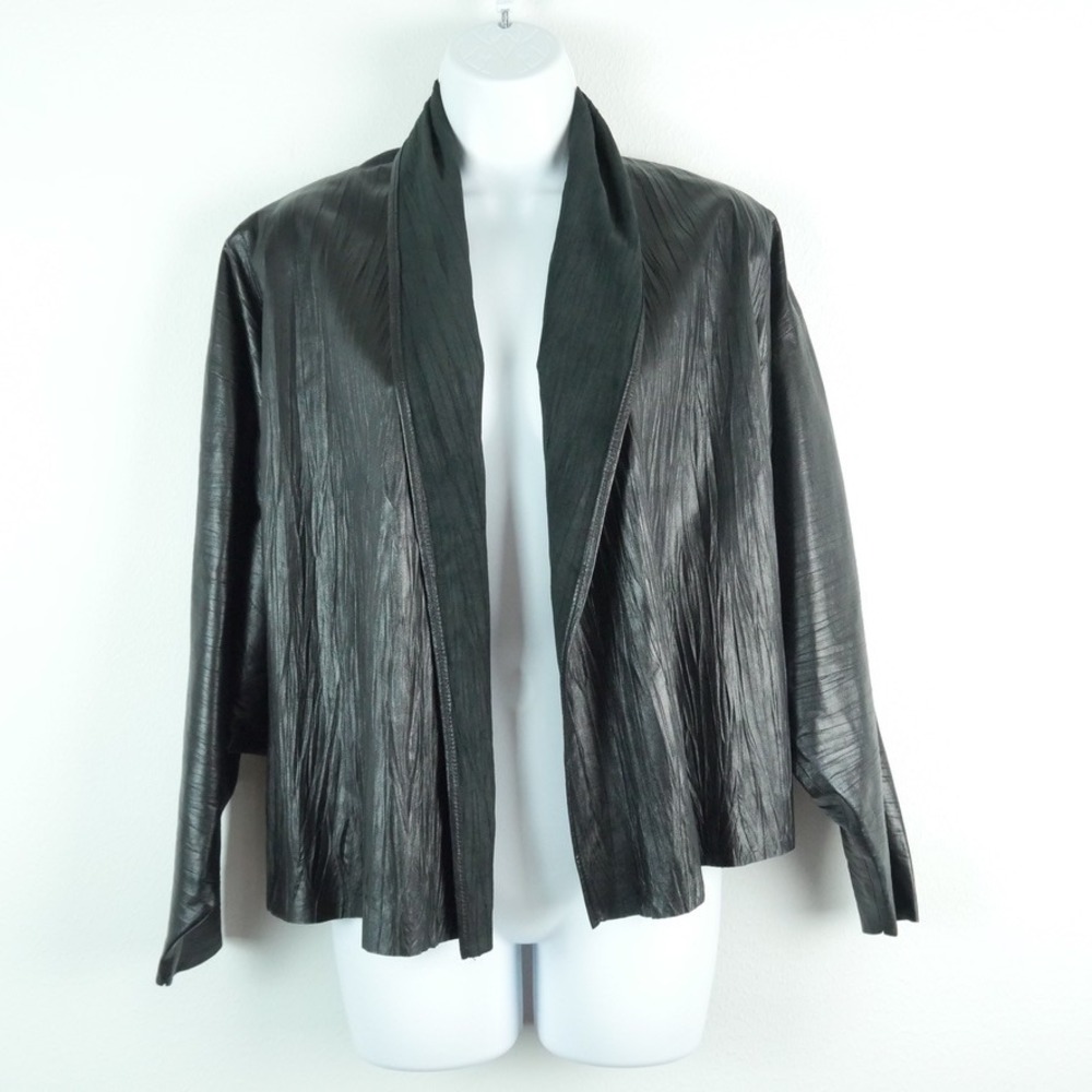 Josie Natori Black Lamb Leather Crinkle Pleated Batwing Open Front Jacket Small